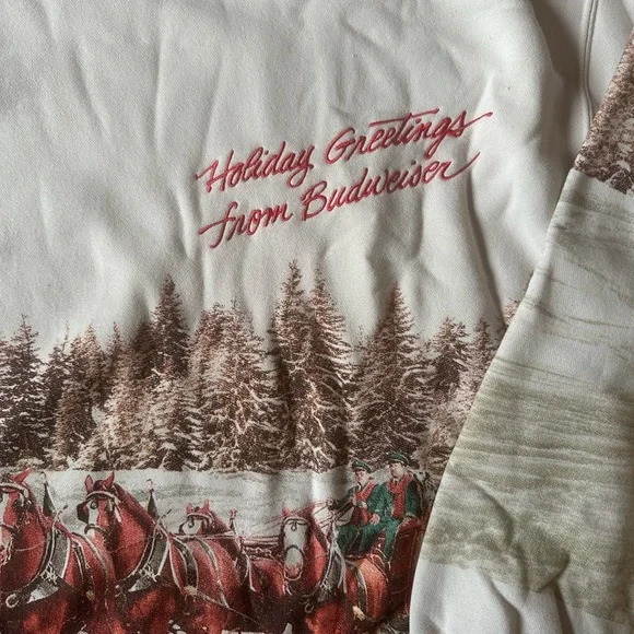 NWT Abercrombie Budweiser Holiday Greetings Crewneck Sweater - Cream and Brown - Picture 4 of 5